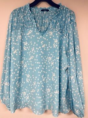 Dokotoo Summer Smocked Long Sleeve Baby Blue V Neck Fully Lined Blouse 2XL EUC!